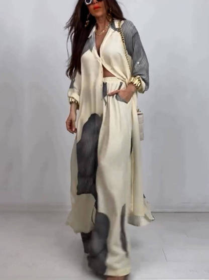 Elegant Loose Printed Midi Top Wide Leg Pants Set