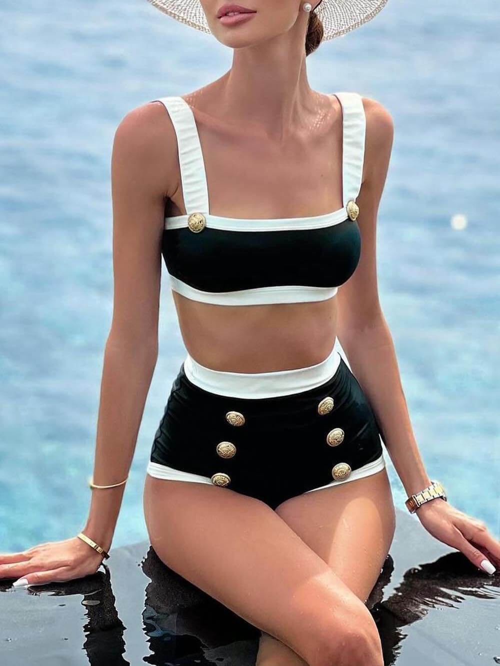 Classic Chanel Style Button High Waist Bikini Set
