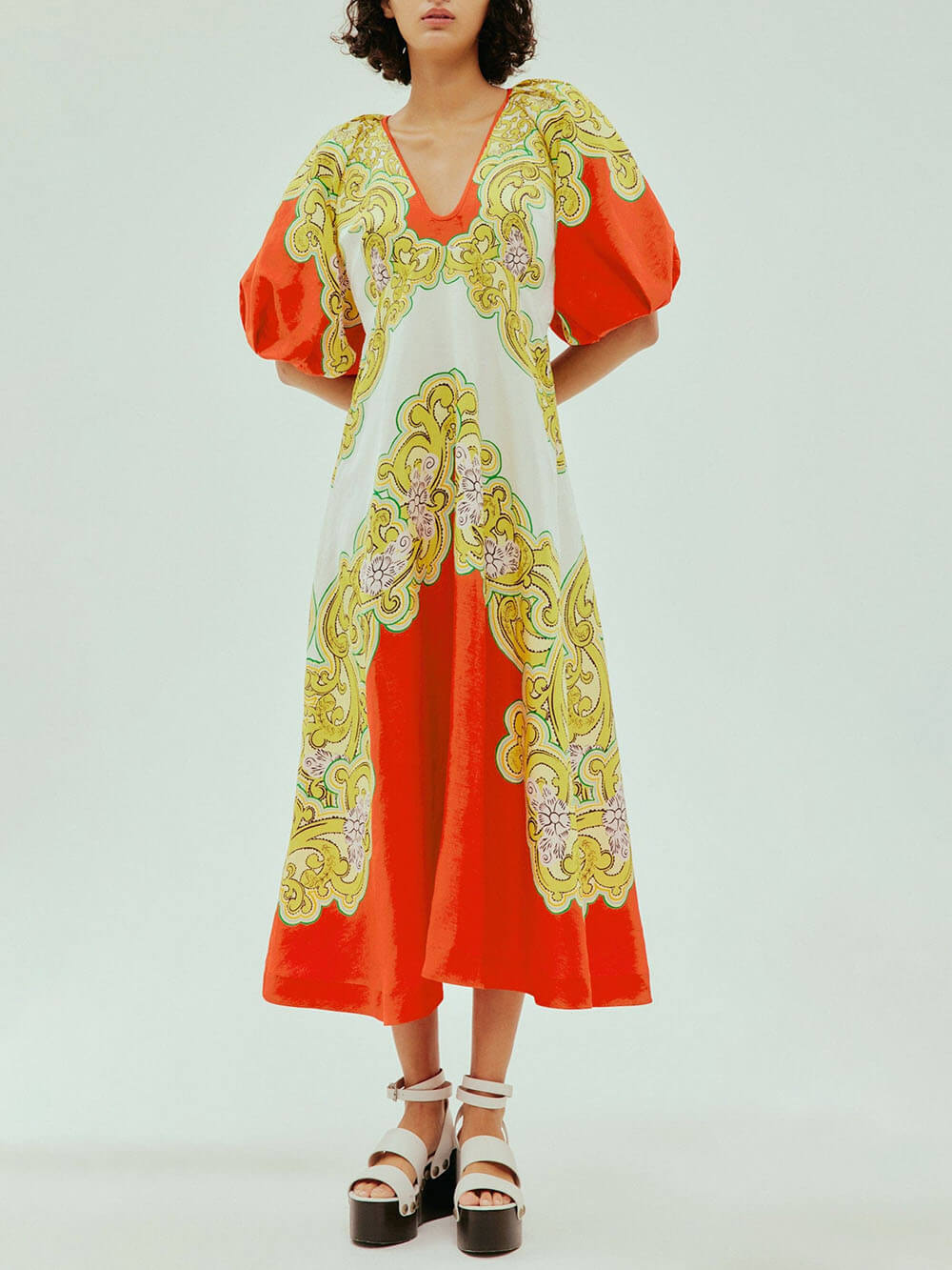 Classic Unique Print Long Sleeves With Ruching Midi Dress