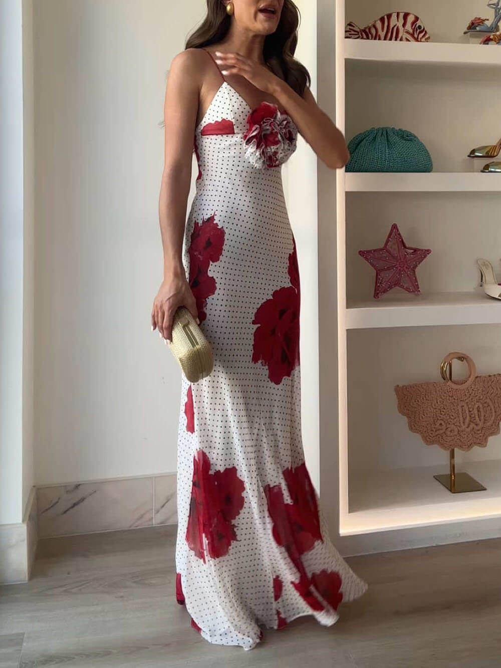 Elegant Poka Dot Floral Print Flower Detail Slip Maxi Dress