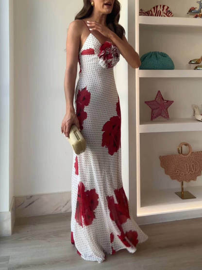 Elegant Poka Dot Floral Print Flower Detail Slip Maxi Dress