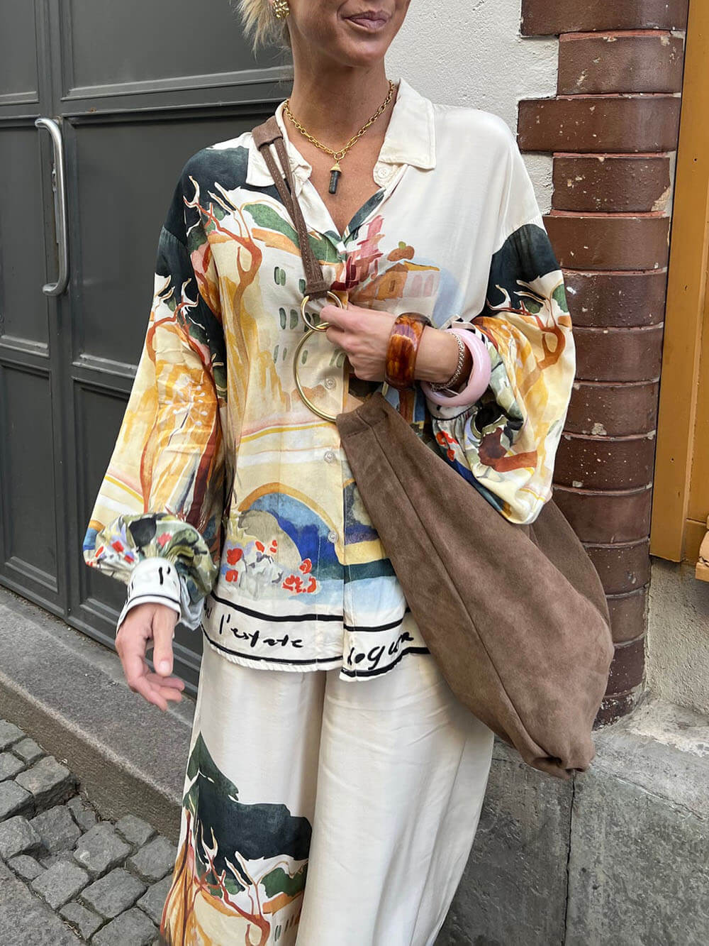 Modern Unique Satin Landscape Print Loose Oversized Shirt