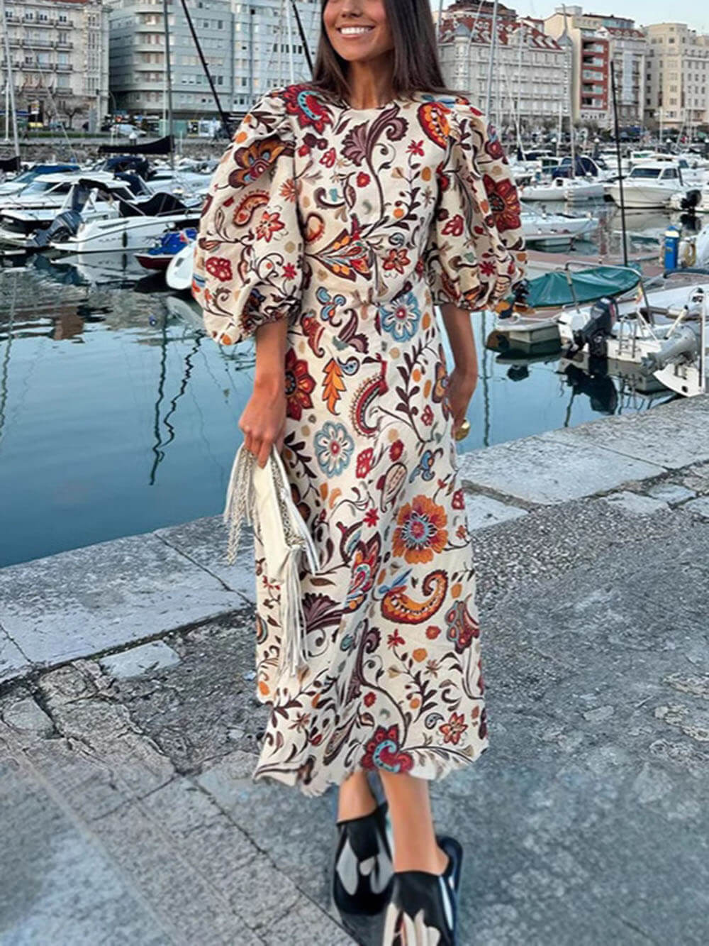 Casual Holiday Ethnic Floral Print Puff Sleeve Maxi Dress