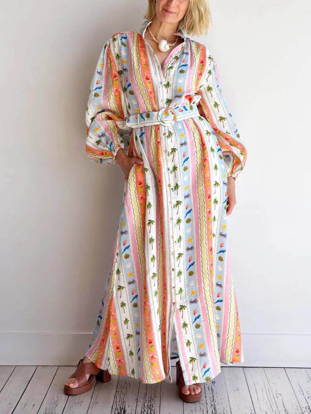 Unique Personalized Printed Casual Linen Cardigan Maxi Dress