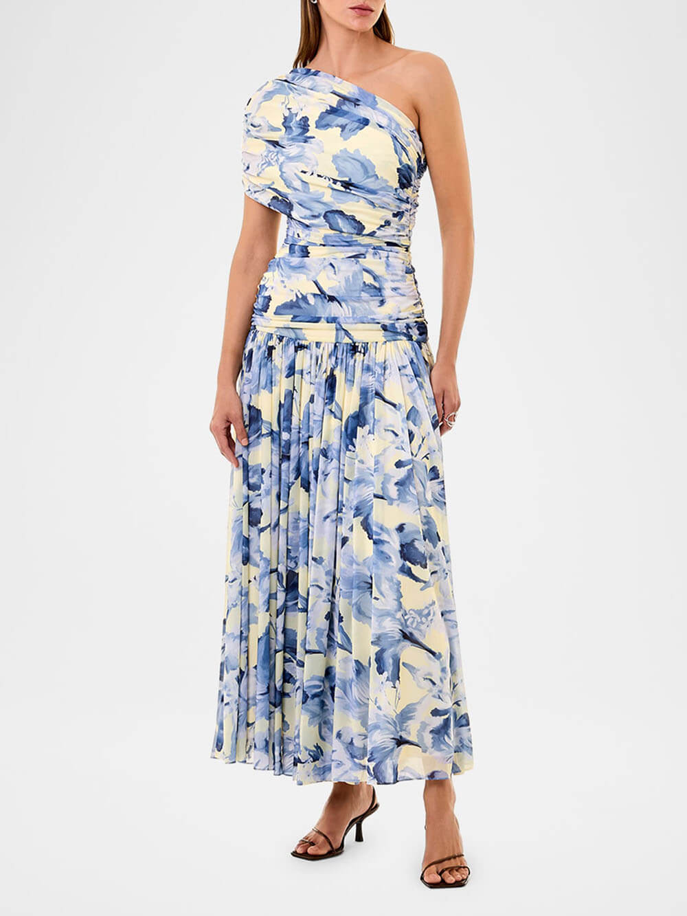 Retro And Exquisite Floral Print Ruched One-Shoulder Jersey Maxi Dress