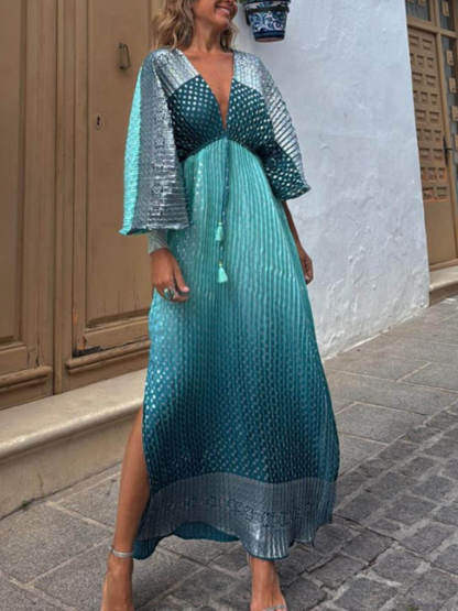 Unique Contrast Print Pleated Waist Elastic Maxi Dress