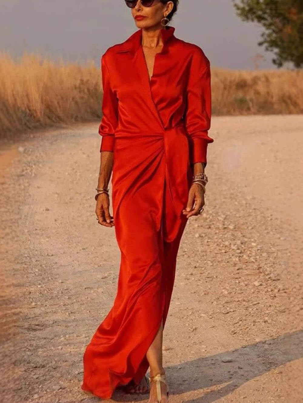 Modern Satin Wrap Shirt-Style Tie-Slit Maxi Dress