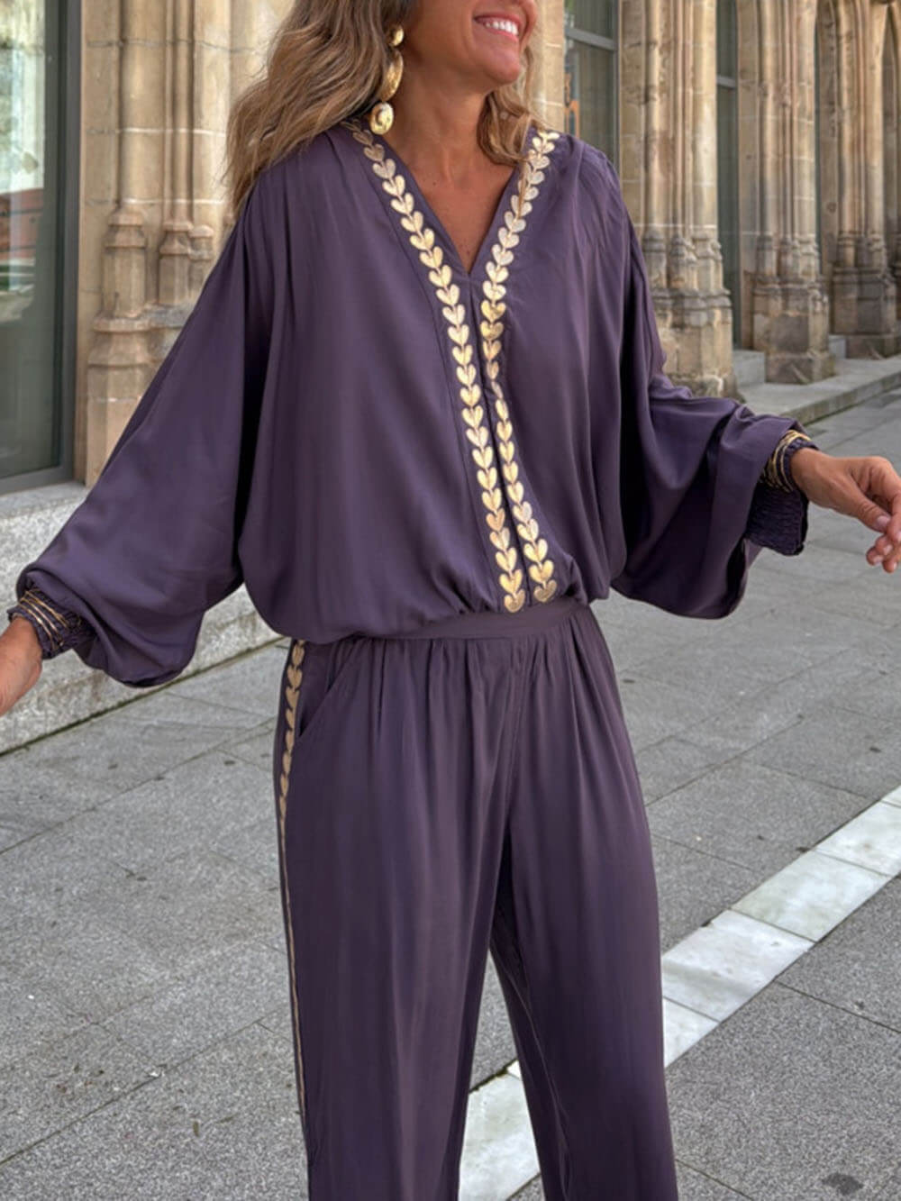 Modern Feel Unique Gold Trim And Elastic Cuffs V-Neck Top