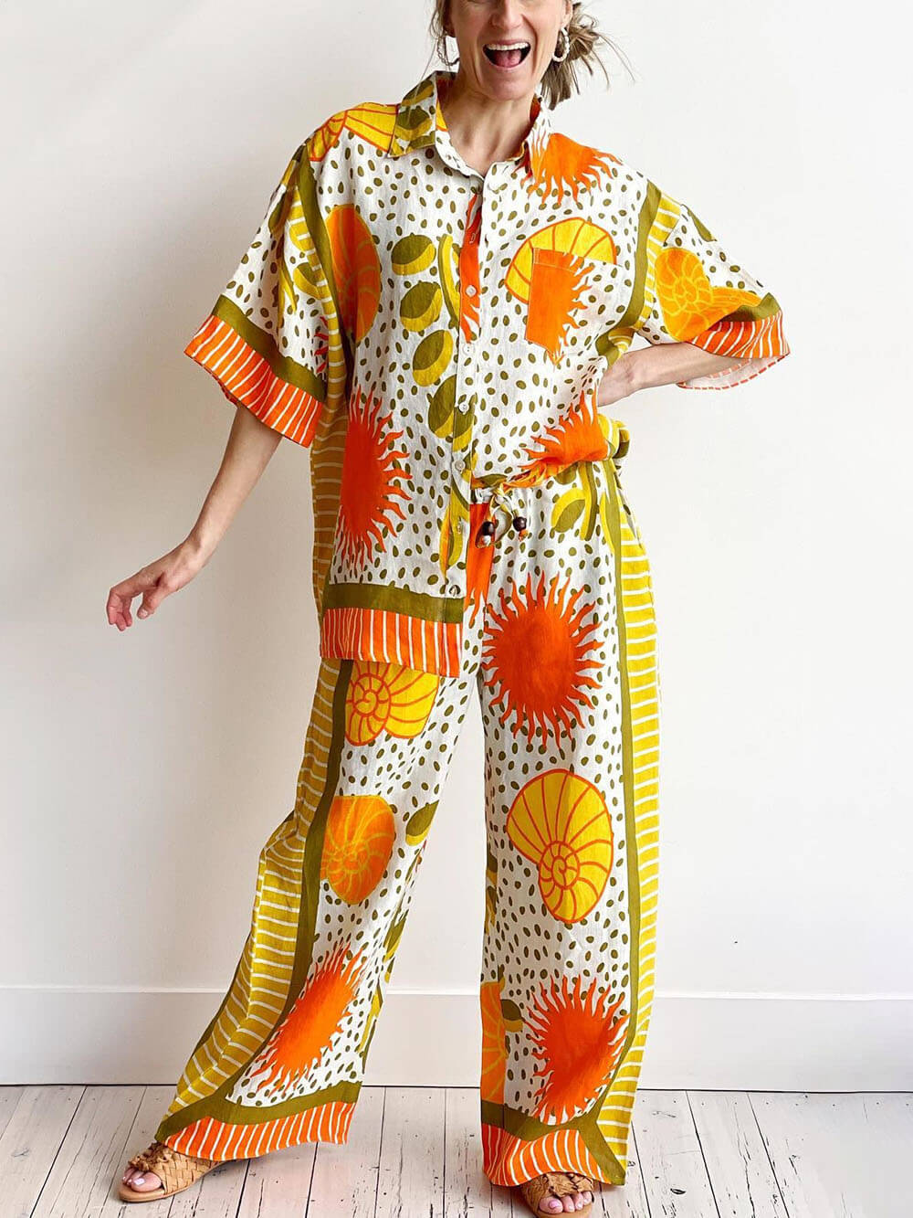 Casual Unique Satin Sun Print Loose Button Down Oversized Shirt