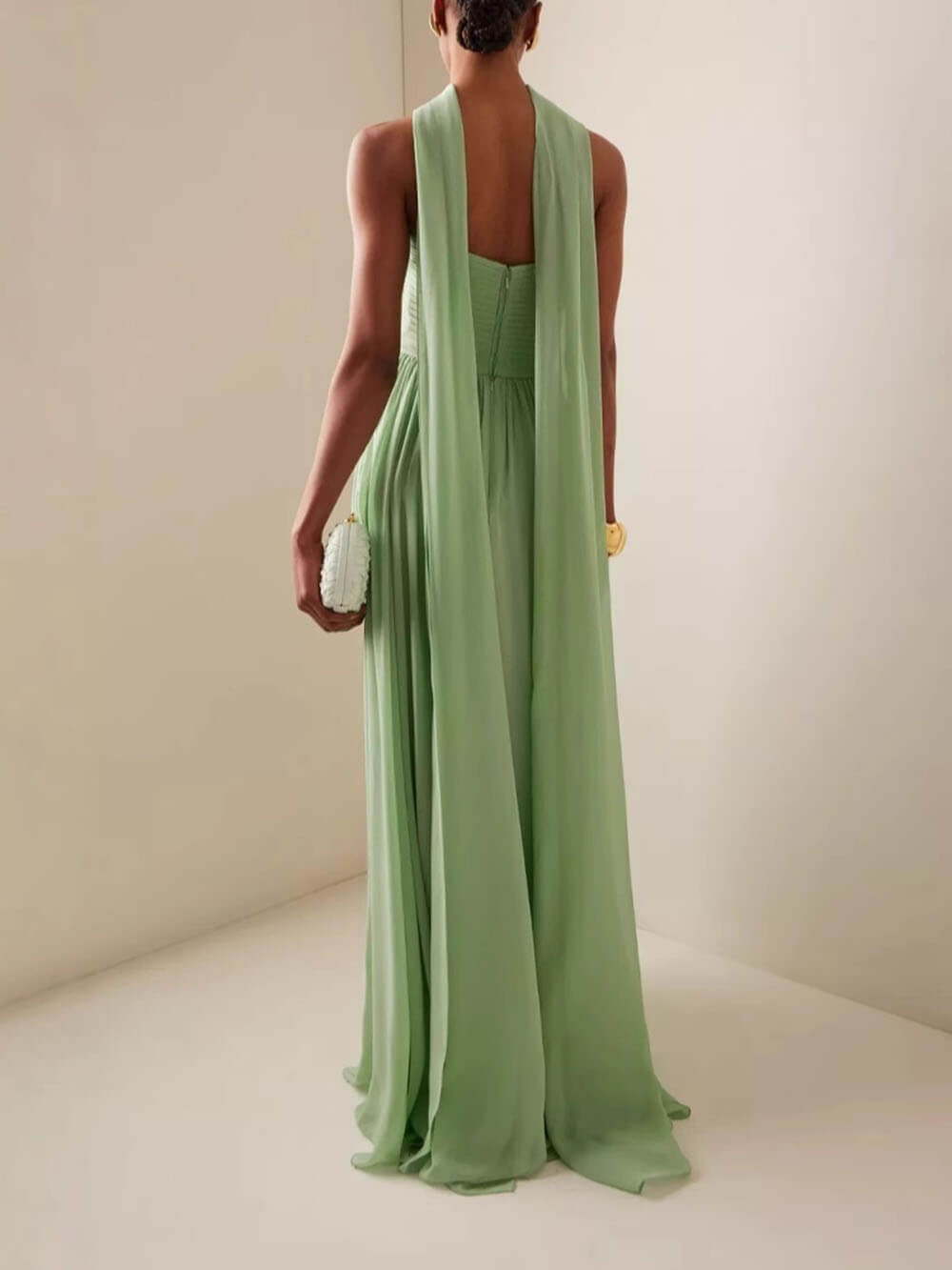 Elegant Sleeveless Pleated Long Skirt With Ribbon Strapless Dress