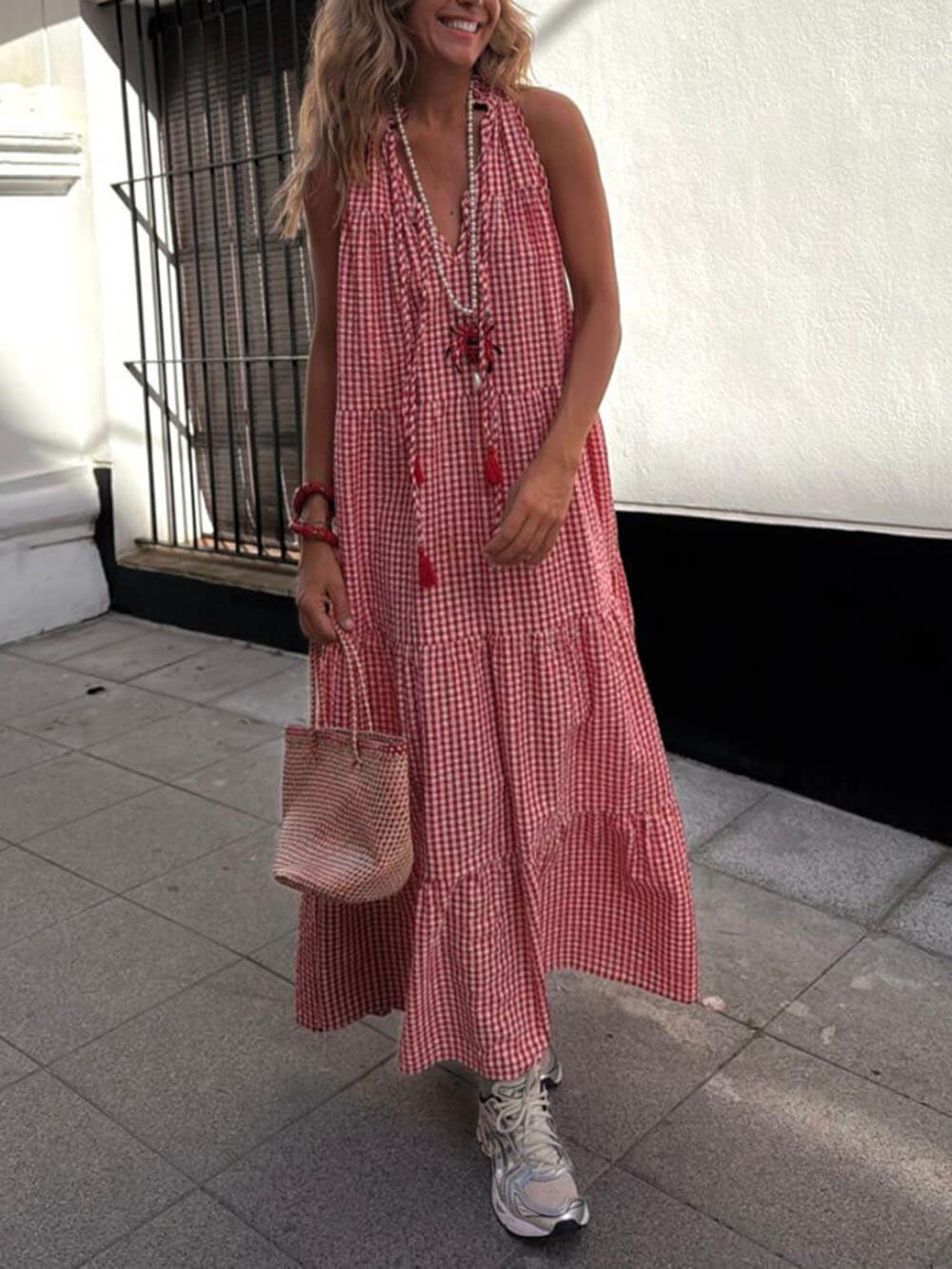 Modern Striped Print Basket Pleated Hem Maxi Dress