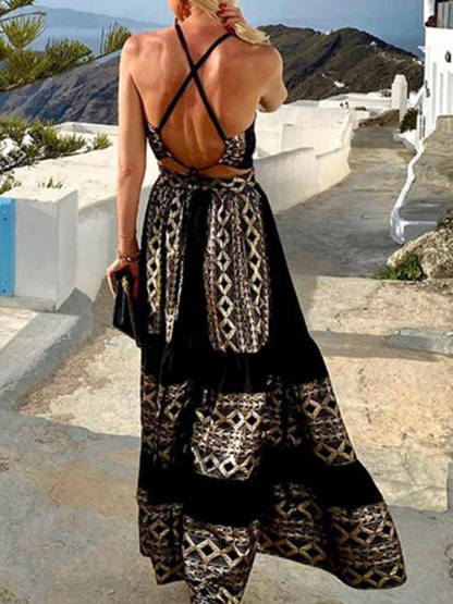 Bohemian Print Fashionable Loose Off-Shoulder Maxi Dress