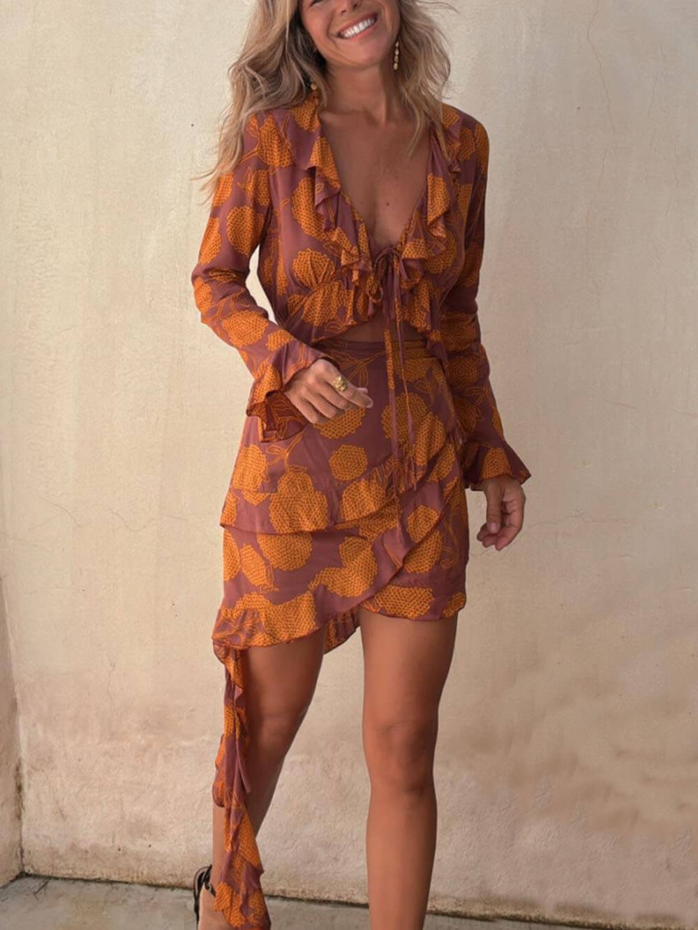 Exquisite Unique Layered Ruffle Patchwork Floral Print Asymmetric Mini Dress