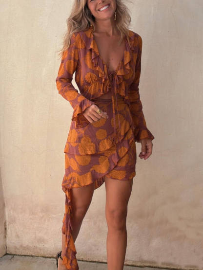 Exquisite Unique Layered Ruffle Patchwork Floral Print Asymmetric Mini Dress