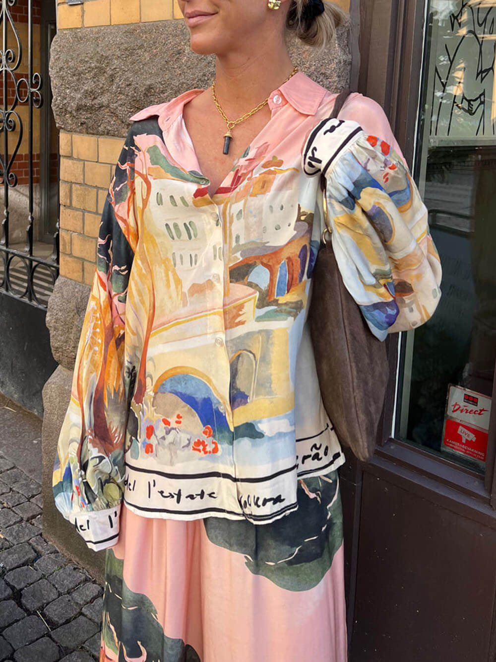 Unique Satin Landscape Print Loose Oversized Shirt