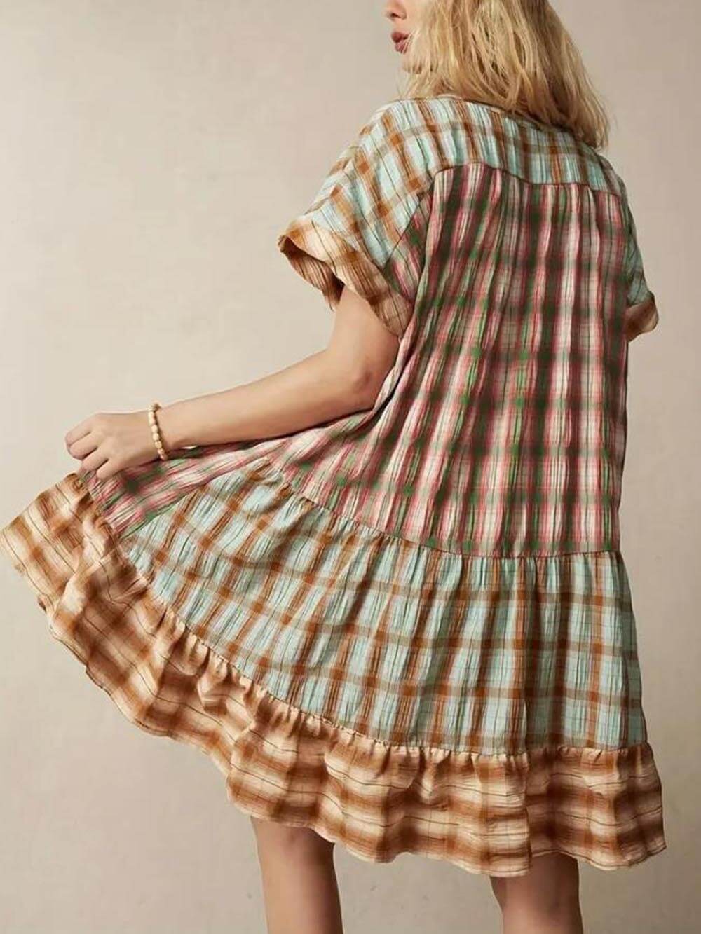 Unique Multicolored Plaid Patchwork Vacation Mini Dress