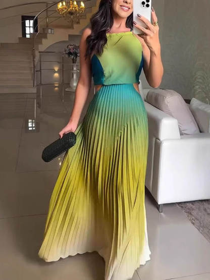 Exquisite Sleeveless Pleated Open Back Ombre Printed Maxi Dress