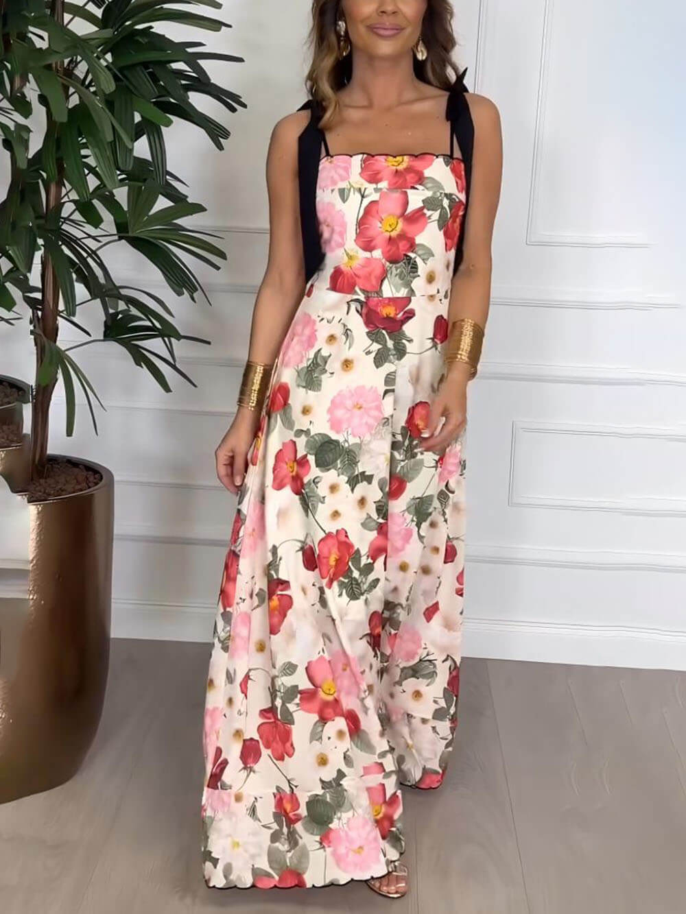 Elegant Floral Print Suspender Strap Maxi Dress