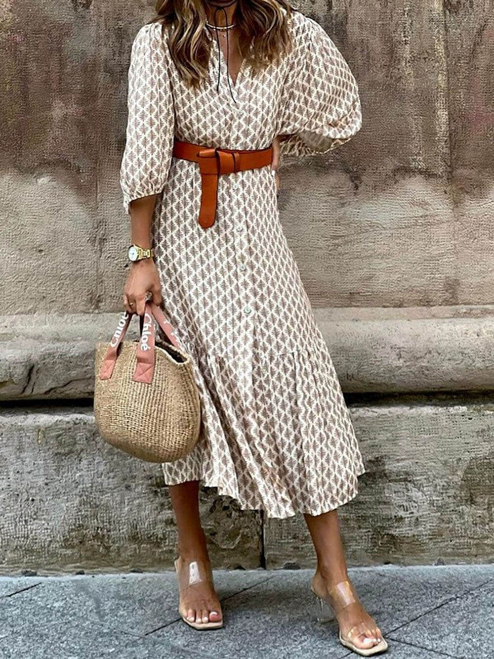 Unique Pattern Print V-Neck Simple Belt Midi Dress