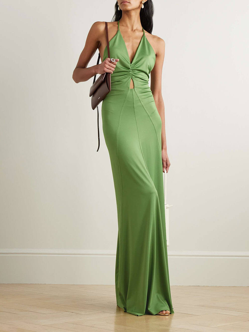 Elegant Cutout Pleated Stretch Satin Open Back Maxi Dress