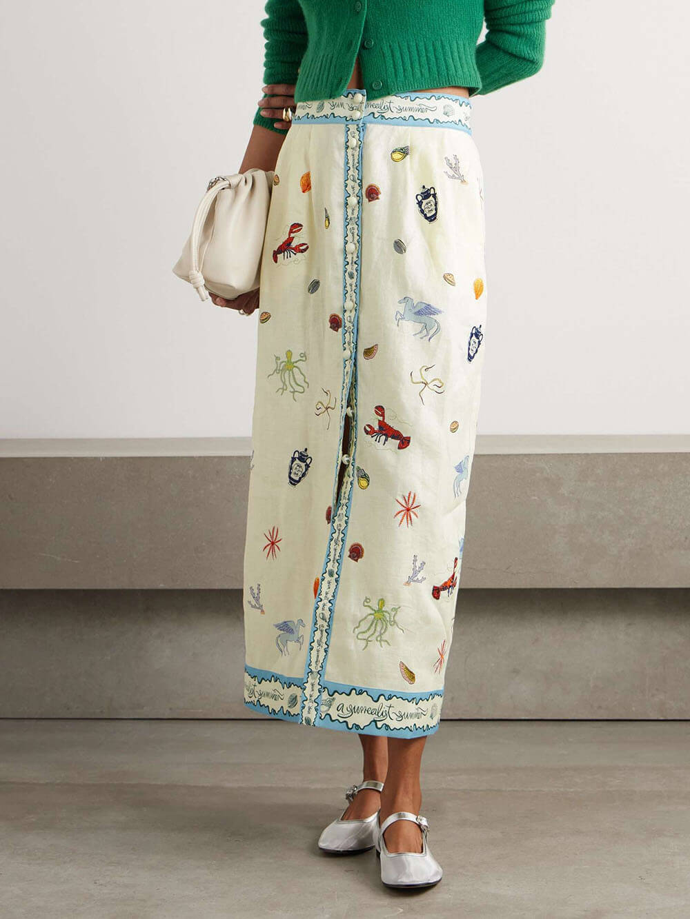 Unique Ocean Print Button-Faced Linen Midi Skirt