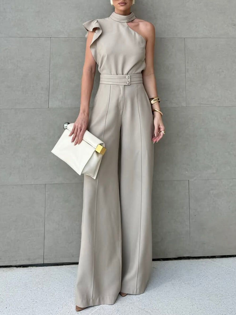 Casual Ruffle Sleeve Halter Top With Simple Solid Color Straight Pants Set