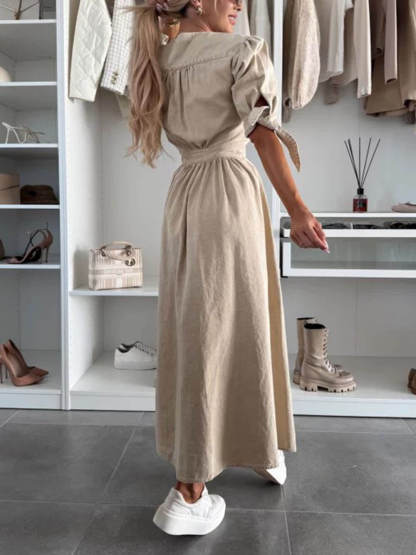Unique Pleats Solid Color V-Neck Button-Down Denim Midi Dress