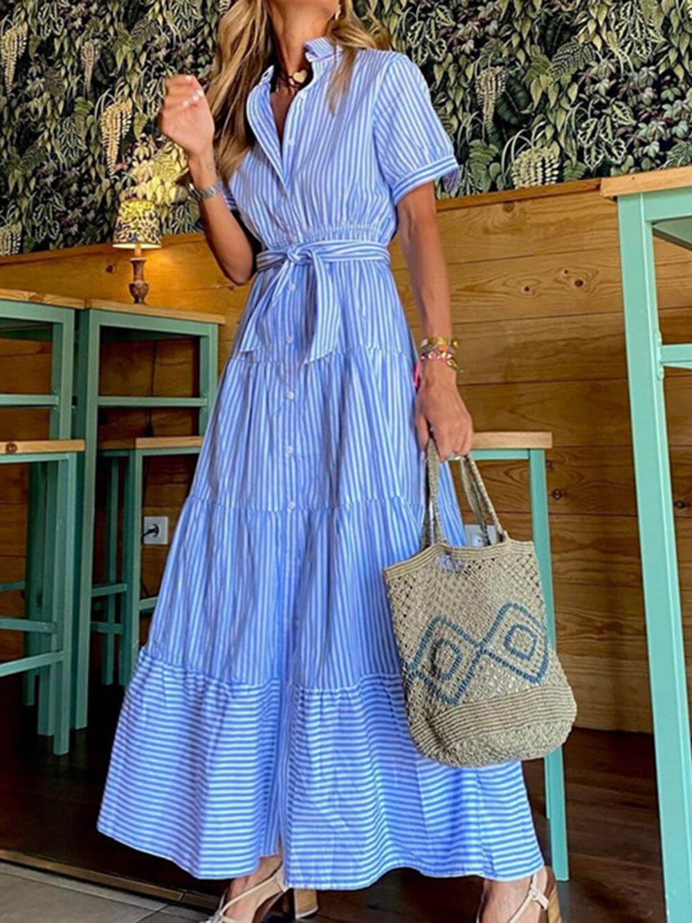 Fashionable Striped Print Short-Sleeved Loose Maxi Dress