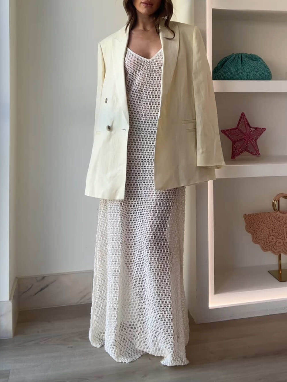 Elegant Crochet Hollow Flared Hem Spaghetti Strap Maxi Dress