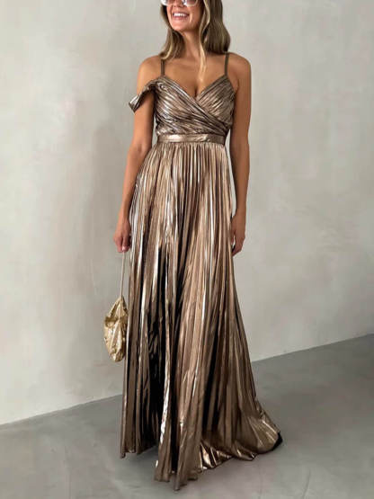 Elegant V-Neck Backless Pleated Suspender Maxi Dress