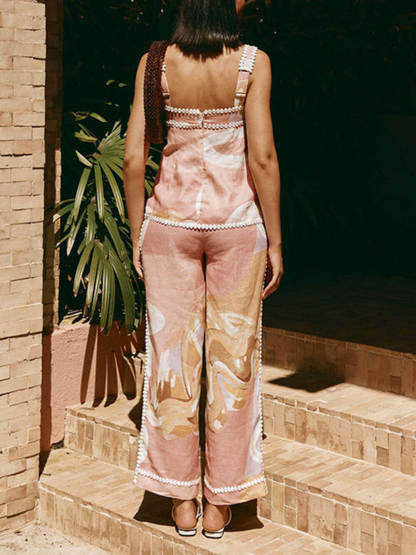 Summer Linen Blend Flowers Trims Unique Print Button Tank