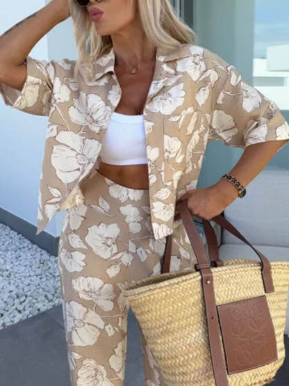 Modern Casual Satin Floral Print High Waist Pocket Wide Leg Pants