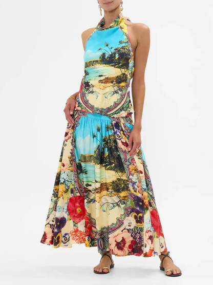 Vibrant Floral Print Draped Lace-Up Sleeveless Scarf Top