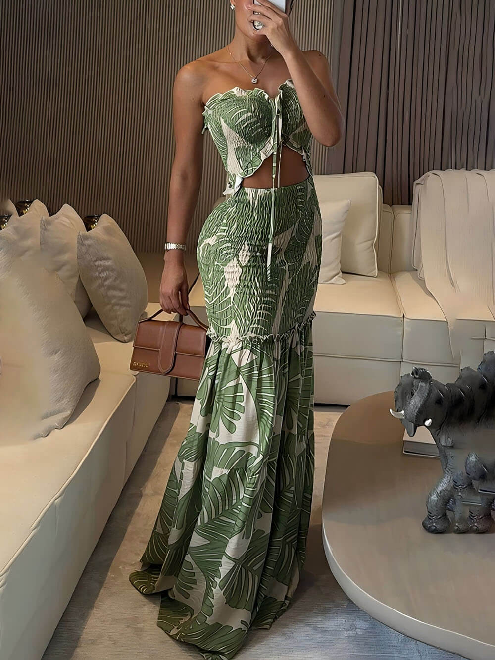 Exquisite Floral Smocked Cutout Halter Fishtail Stretch Maxi Dress