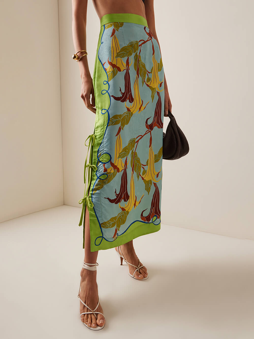 Classic And Elegant Morning Glory Print Lace-Up Slit Maxi Skirt