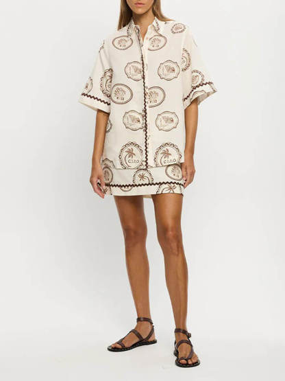 Elegant Lace-Up Linen Shell Print Short-Sleeved Shirt And Skirt Set