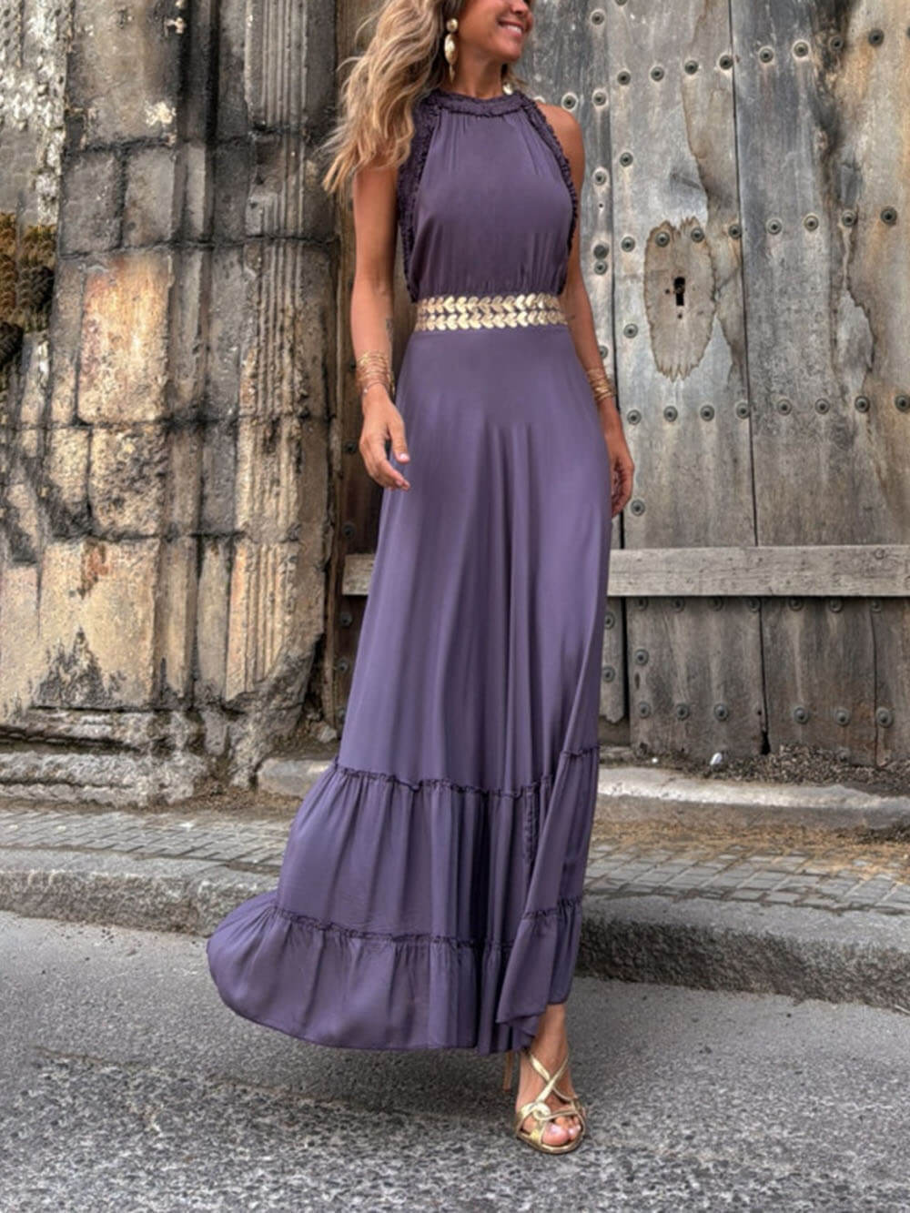 Unique Modern Open Back Honeycomb Straps Gold Trim At The Waist A-Line Maxi Dress