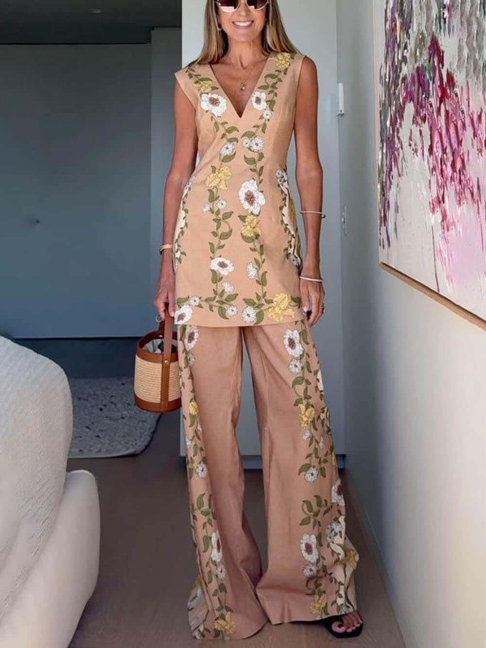 Chic Perfect Style Linen Blend Floral Elastic Waist Flare Pants