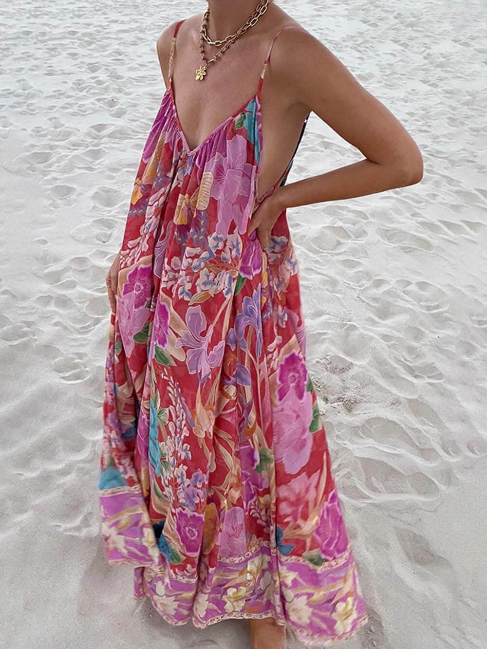 Casual Positioning Print Suspender Maxi Dress