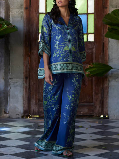 Ocean Elegance Botanical Print Elastic Waist Loose Wide Leg Pants