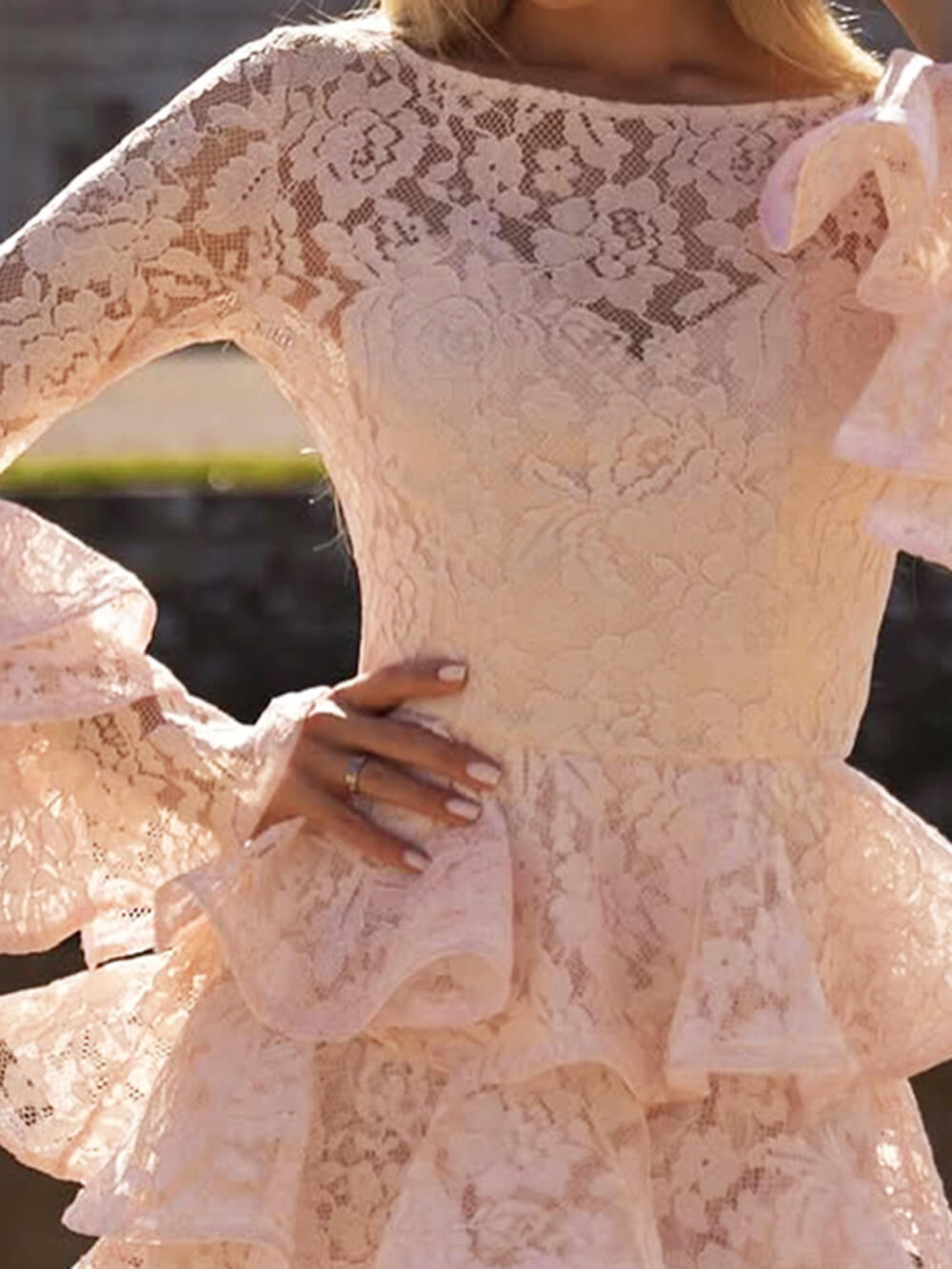 Sweet Lace Hollow Layered Ruffle Slim Mini Dress