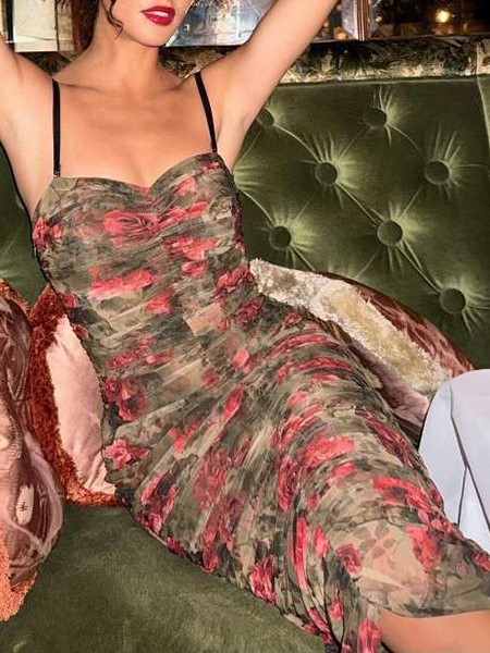 Retro style sexy backless pleated suspender print dress