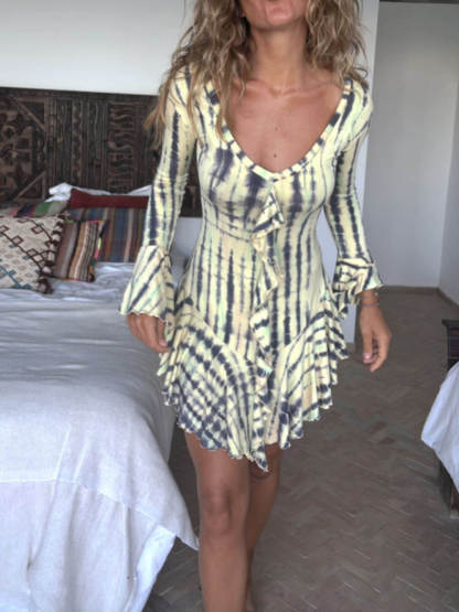 Unique Tie-Dye Printed Stretch Long Sleeves Ruffled Mini Dress