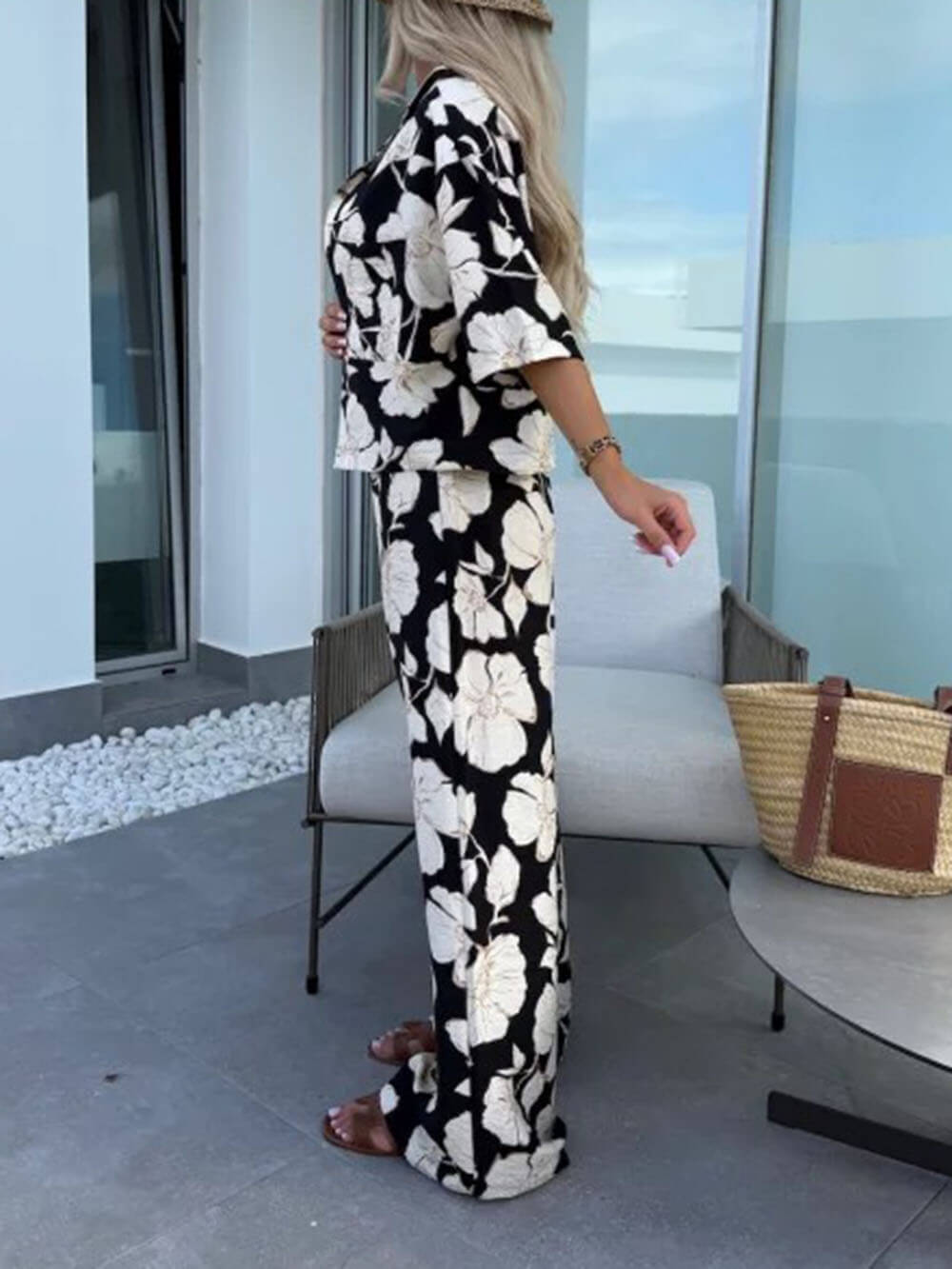 Modern Casual Satin Floral Print High Waist Pocket Wide Leg Pants