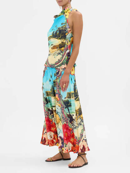 Vibrant Floral Print Draped Lace-Up Sleeveless Scarf Top