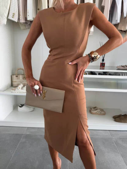 Elegant Charming Lady Round Neck Sleeveless Waisted Slit Stretch Midi Dress
