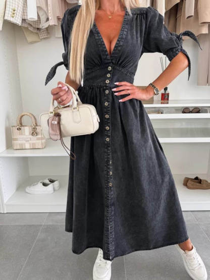 Unique Pleats Solid Color V-Neck Button-Down Denim Midi Dress