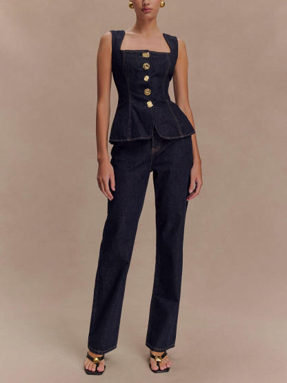 Modern Playful Unique Sleeveless Button-Down Denim Vest Top