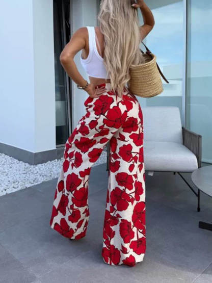 Modern Casual Satin Floral Print High Waist Pocket Wide Leg Pants
