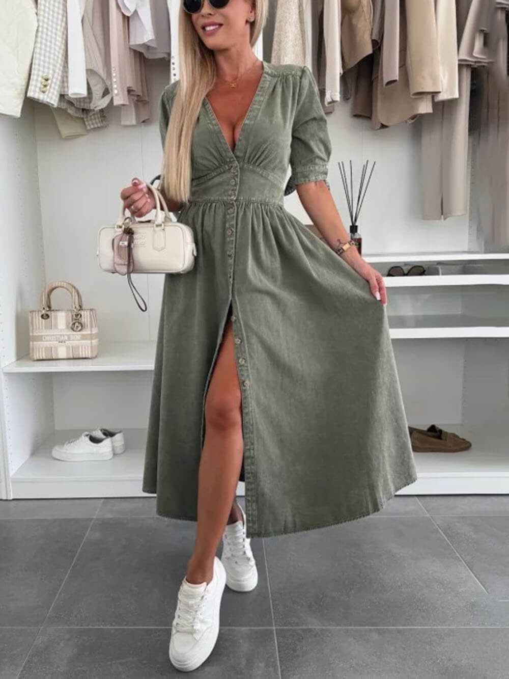 Unique Pleats Solid Color V-Neck Button-Down Denim Midi Dress